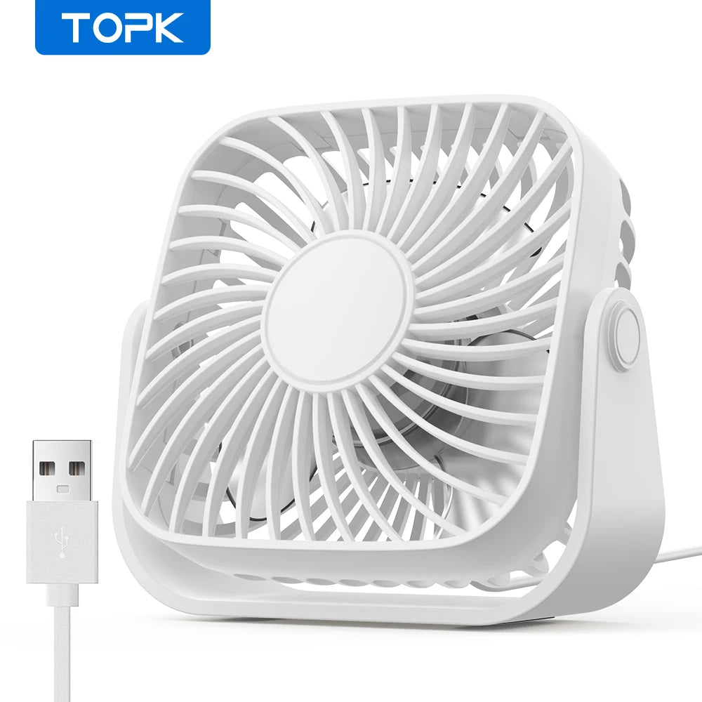 Ventilador USB Portátil TOPK 4” – Mini, Silencioso, 3 Velocidades y Giro 360°